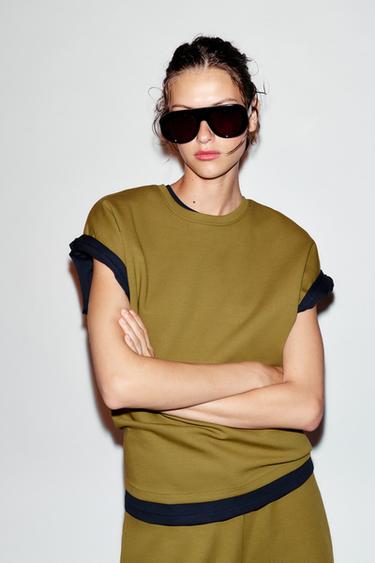 INTERLOCK KIMONO SLEEVE T-SHIRT - Olive green by Zara