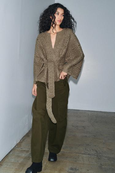 Zara CARDIGAN WITH BELT - Light khaki