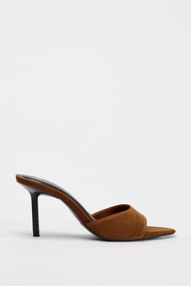 Zara SPLIT LEATHER HEELED SANDALS - Dark tan