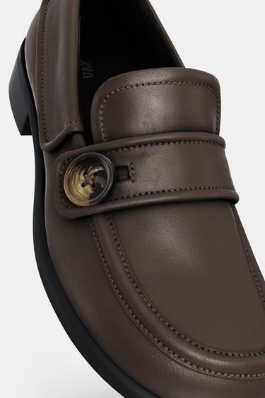 LEATHER LOAFERS WITH BUTTON DETAIL - Grey by Zara - Image 3
