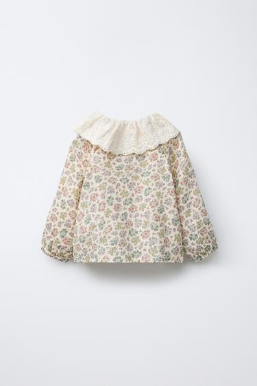 EMBROIDERED COLLAR FLORAL SHIRT - Green / Ecru by Zara - Image 1