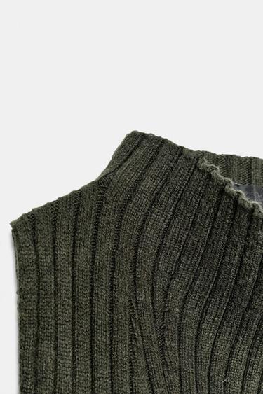 Zara 30% WOOL RIB TOP - Dark khaki