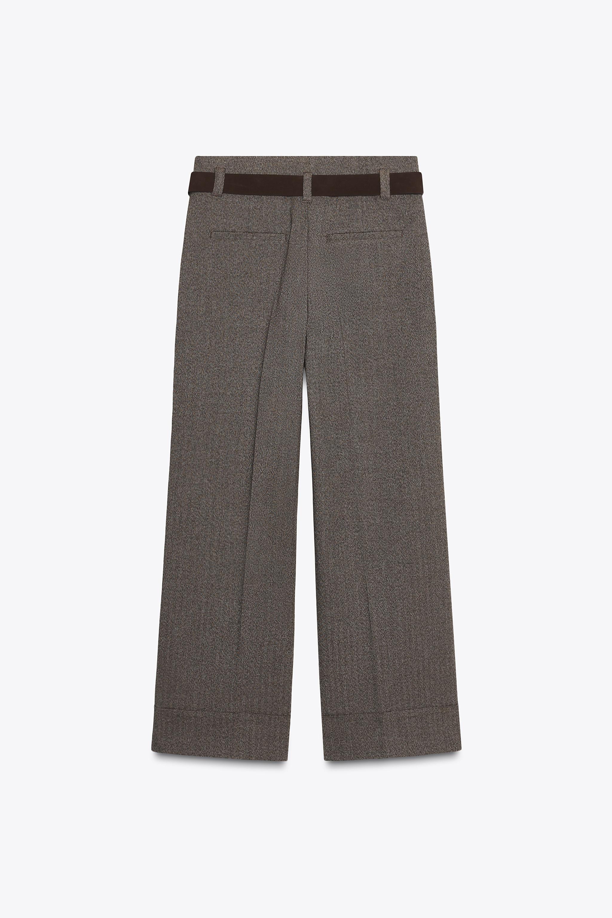 ヘリンボーン柄ベルト付きパンツ - ブラウン | ZARA Japan / 日本