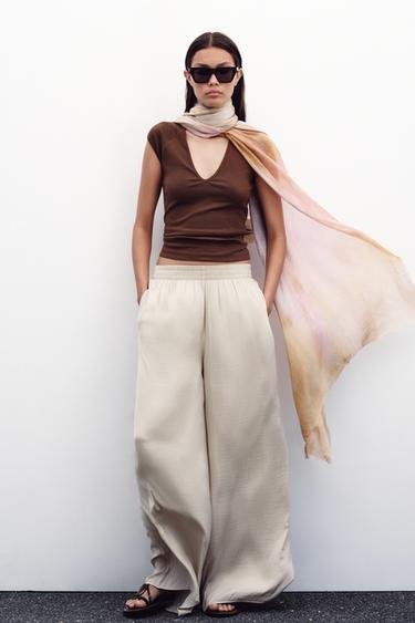 Zara Çikolata - V YAKA FITILLI T-SHIRT