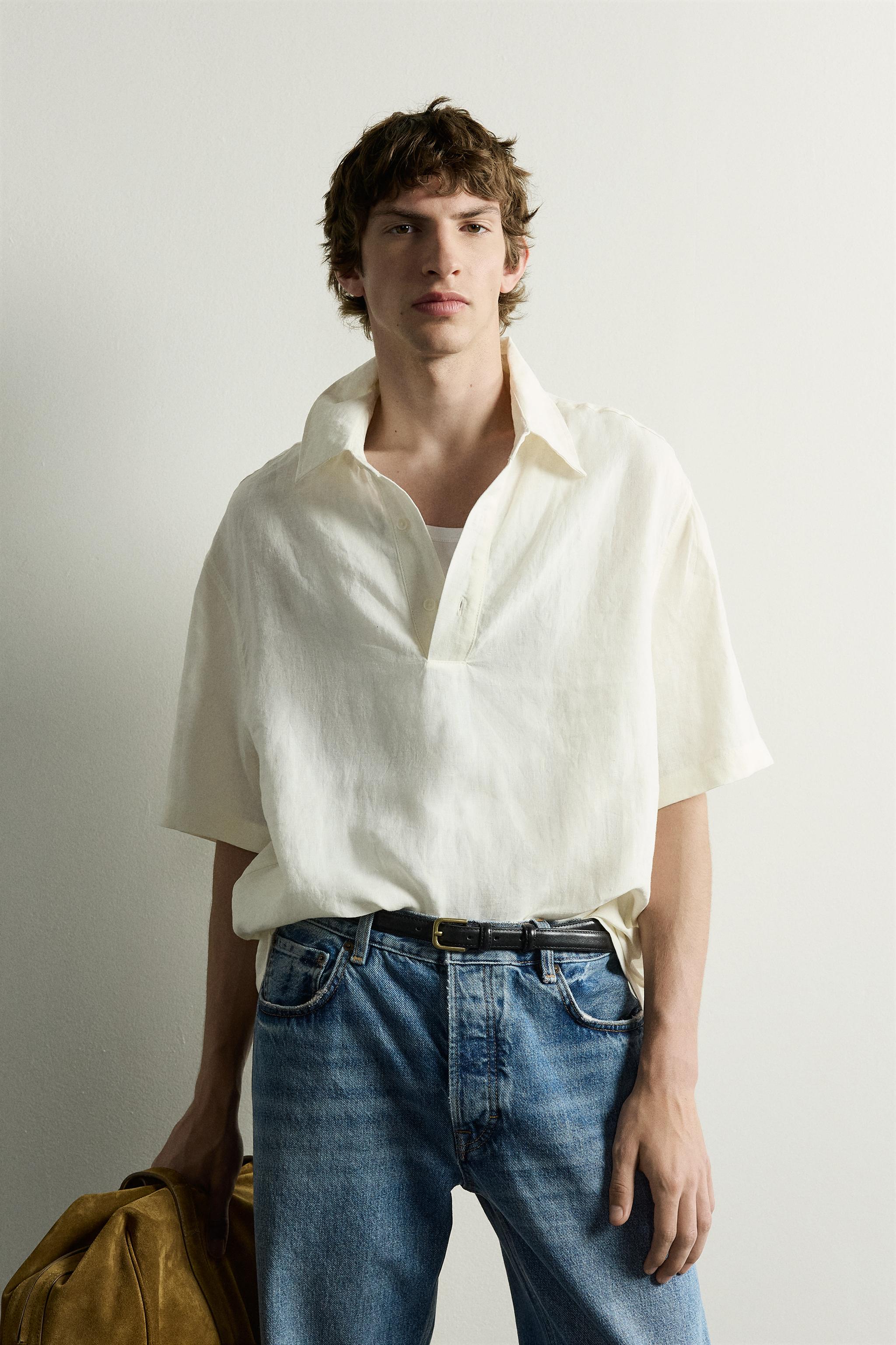 100% LINEN BOXY FIT POLO SHIRT — Ecru