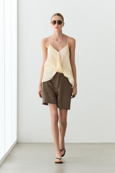 Zara Pleated 100% linen shorts - Moss green - Image 0