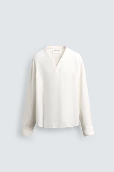 KEMEJA BAHAN JATUH KERAH V - Putih dari Zara