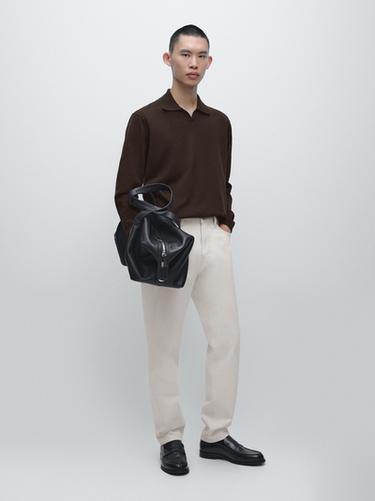 Zara Cotton knit polo sweater - Brown marl - Image 0