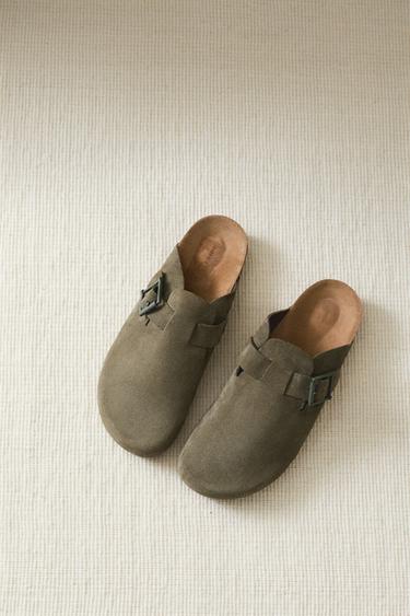 LEATHER CLOGS WITH BUCKLES - Green by Zara - Image 0