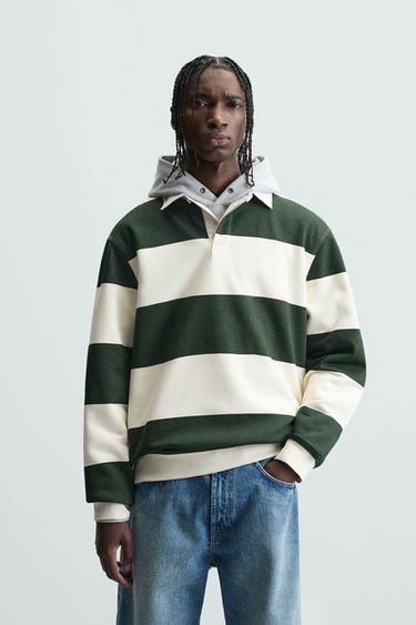 Zara CONTRAST COLLAR POLO SWEATSHIRT - Ecru / Green