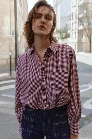 CAMISA GLOBO CUADRO VICHY - Granate de Zara