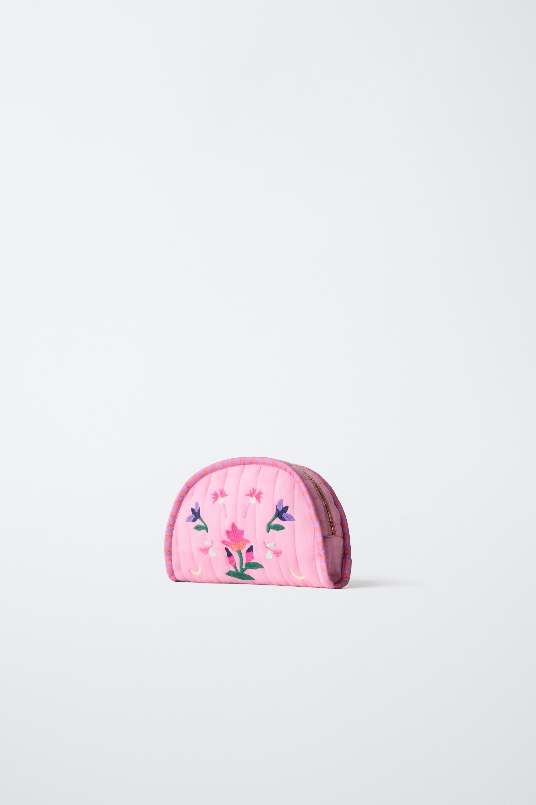 EMBROIDERED FLORAL TOILETRY BAG — Pink