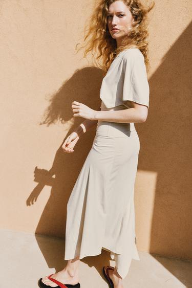 Zara ASYMMETRIC FLOWY SKIRT - Ecru