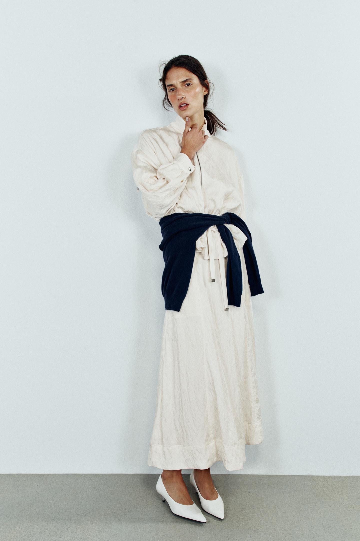 Женская куртка Zara Crumpled Effect Drawstring Bomber, цвет: Экрю — фото 1