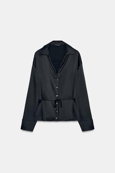SATIN BLOUSE WITH THIN BELT - Black by Zara - Image 0