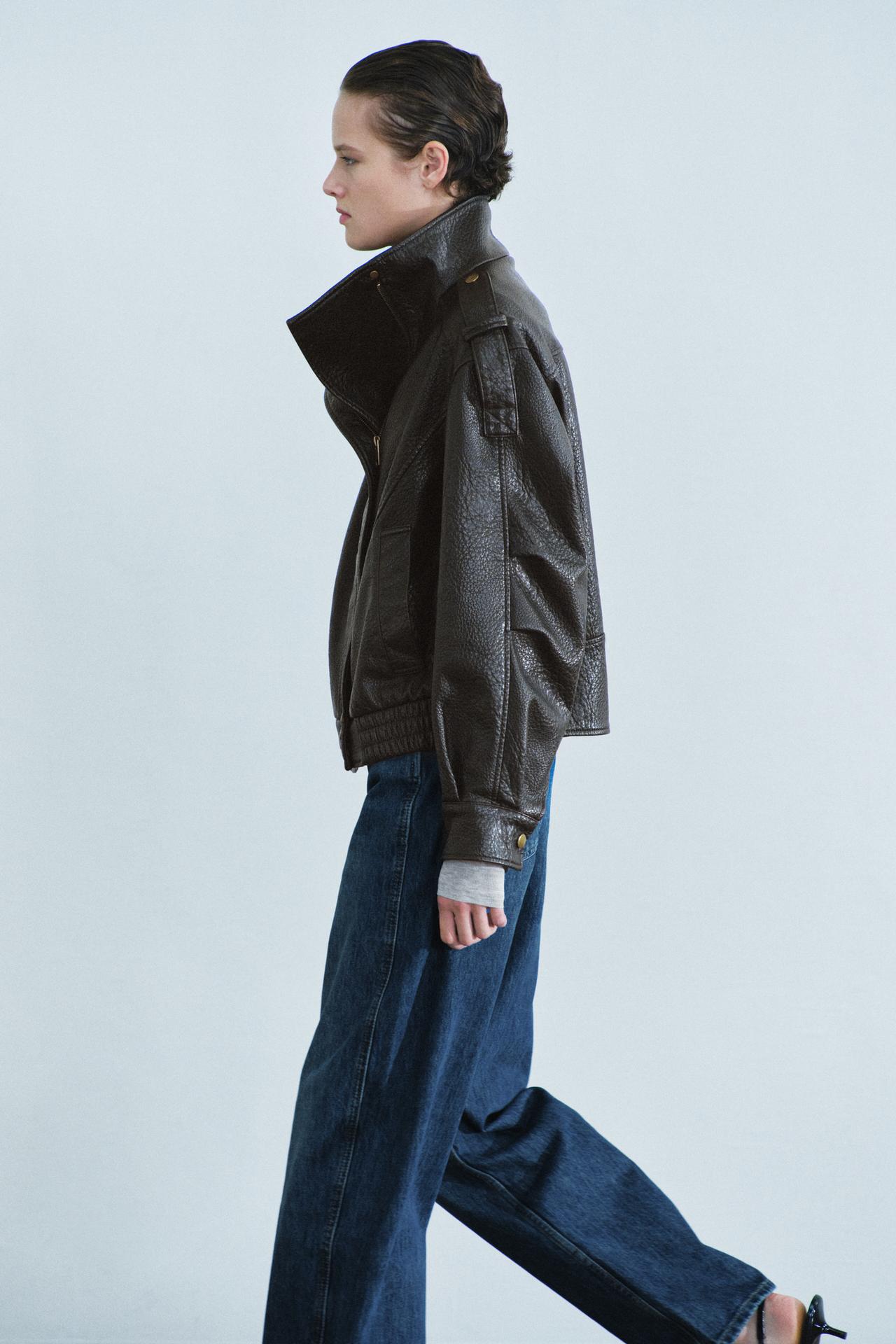 FAUX LEATHER BOMBER JACKET — Dark brown