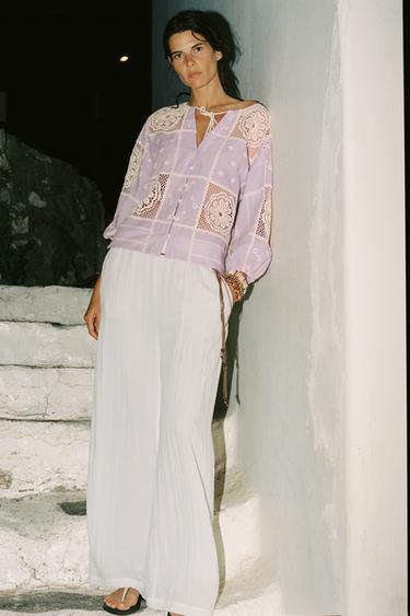 Zara CROCHET COMBINATION SHIRT - Lilac / White - Image 0