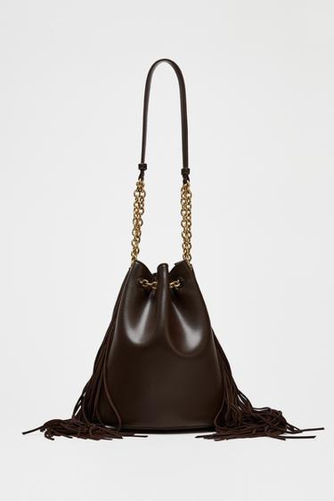 CYLINDRICAL BUCKET BAG WITH FRINGING - Brown by Zara