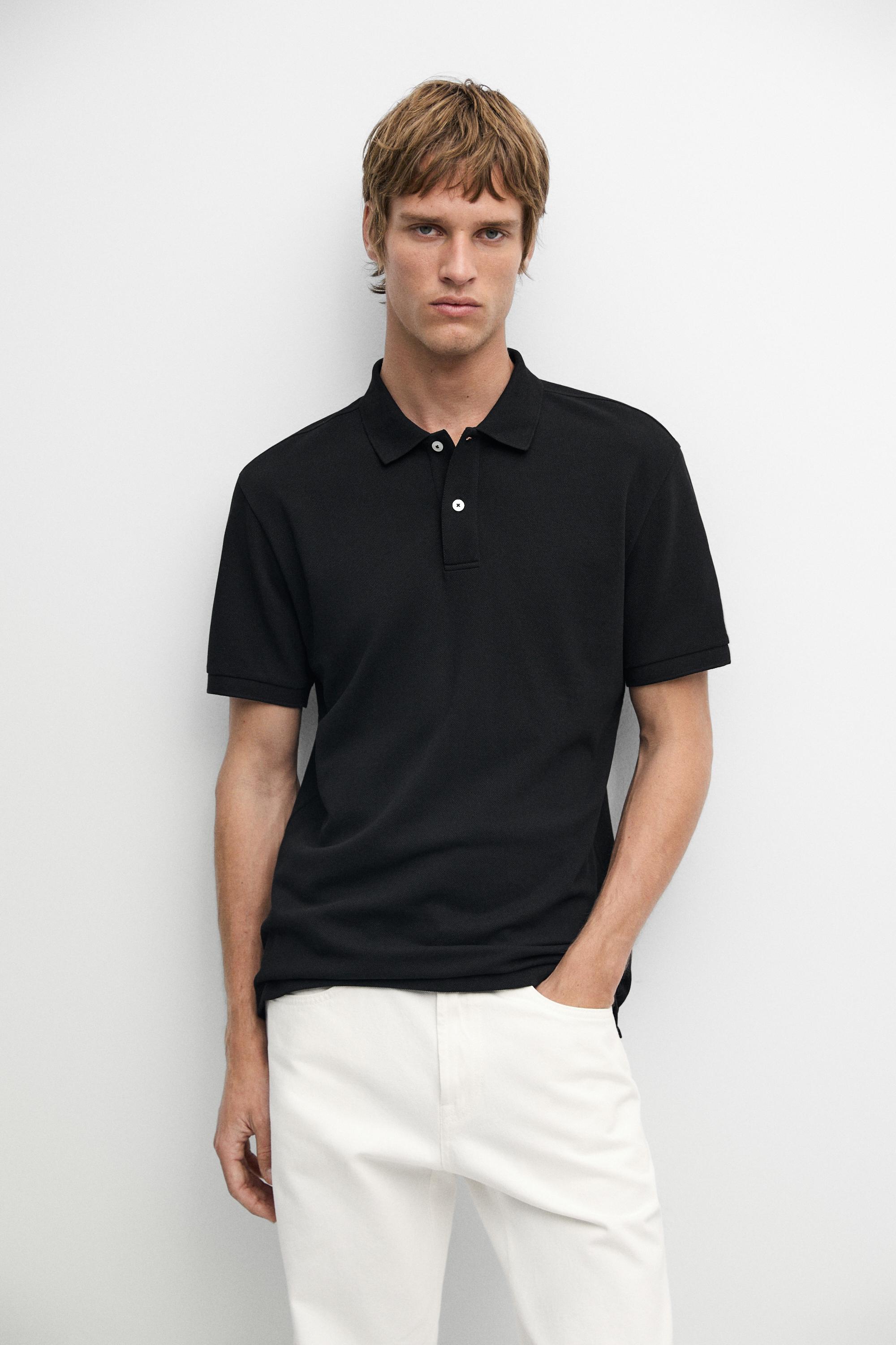 Micro-textured cotton piqué polo shirt — Black