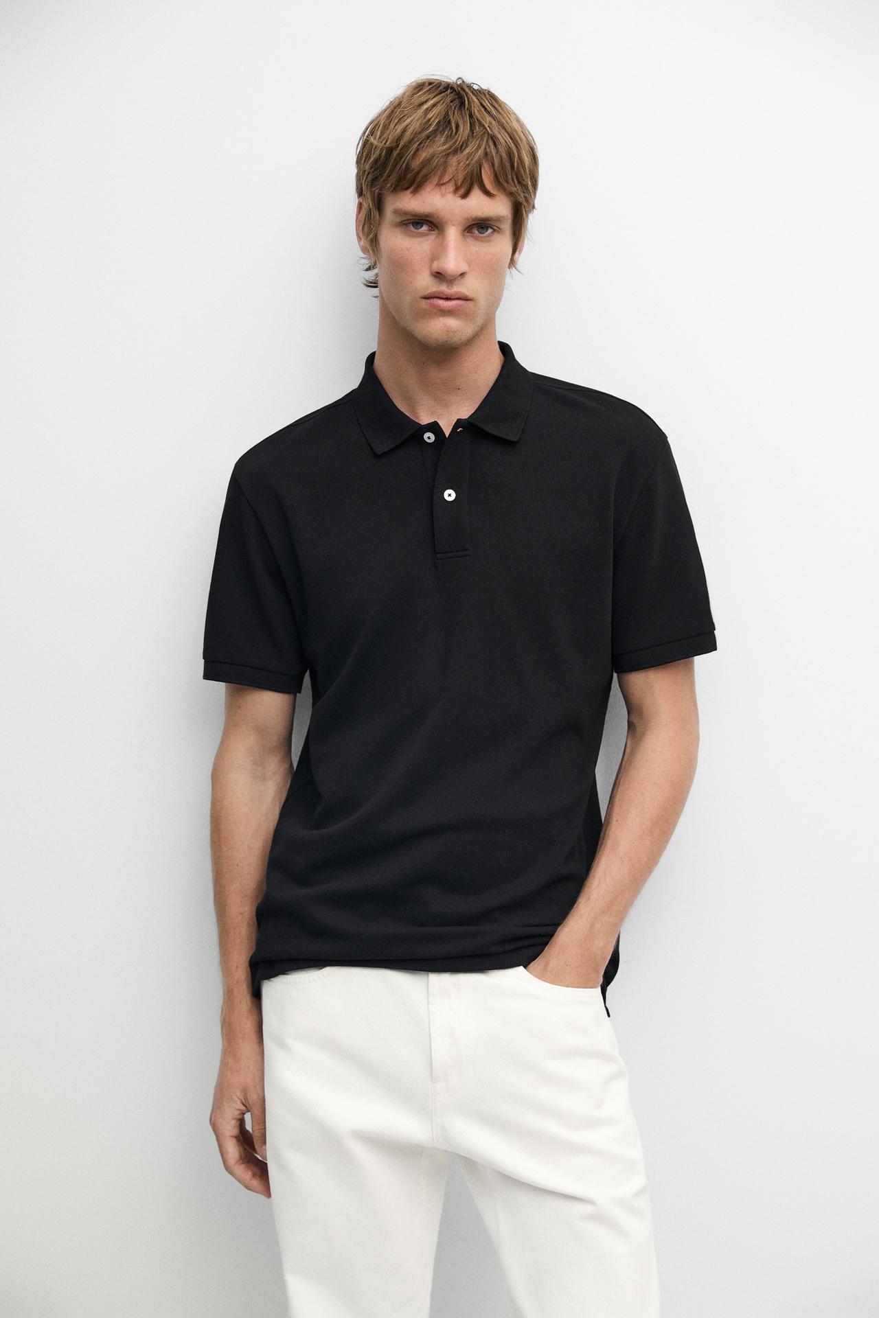 Micro-textured cotton piqué polo shirt — Black
