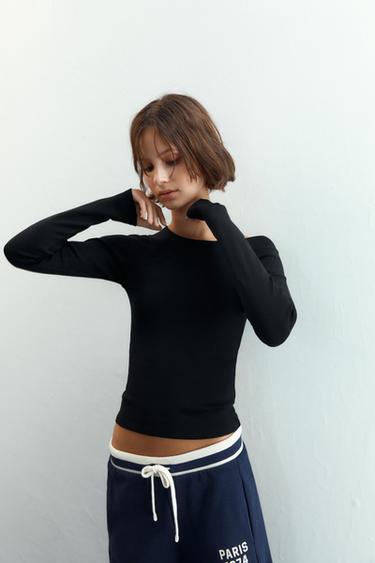 Zara RIBBED BOAT NECK T-SHIRT - Black