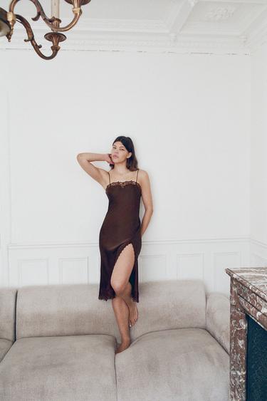 SATIN LACE MIDI DRESS - Brown by Zara