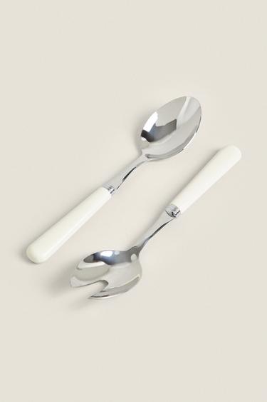 SOLID COLOR HANDLE SALAD CUTLERY SET (SET OF 2) — Cream 2