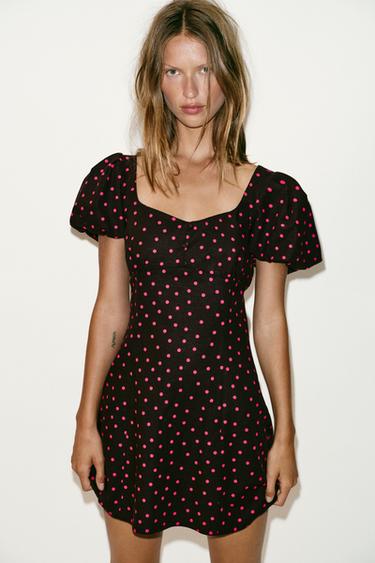 POLKA DOT PUFF SLEEVE DRESS WITH LINEN BLEND - Multicoloured by Zara