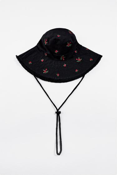 Zara EMBROIDERED FLORAL BUCKET HAT - Black