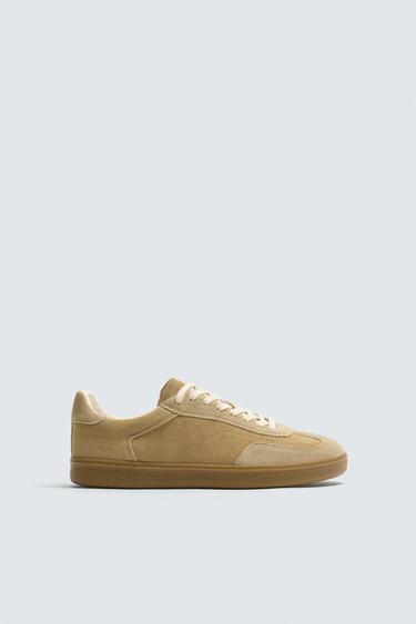Zara CONTRAST SOLE LEATHER SNEAKERS - Sandy Brown