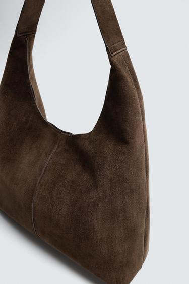 Zara SPLIT LEATHER EFFECT SHOPPER BAG - Brown