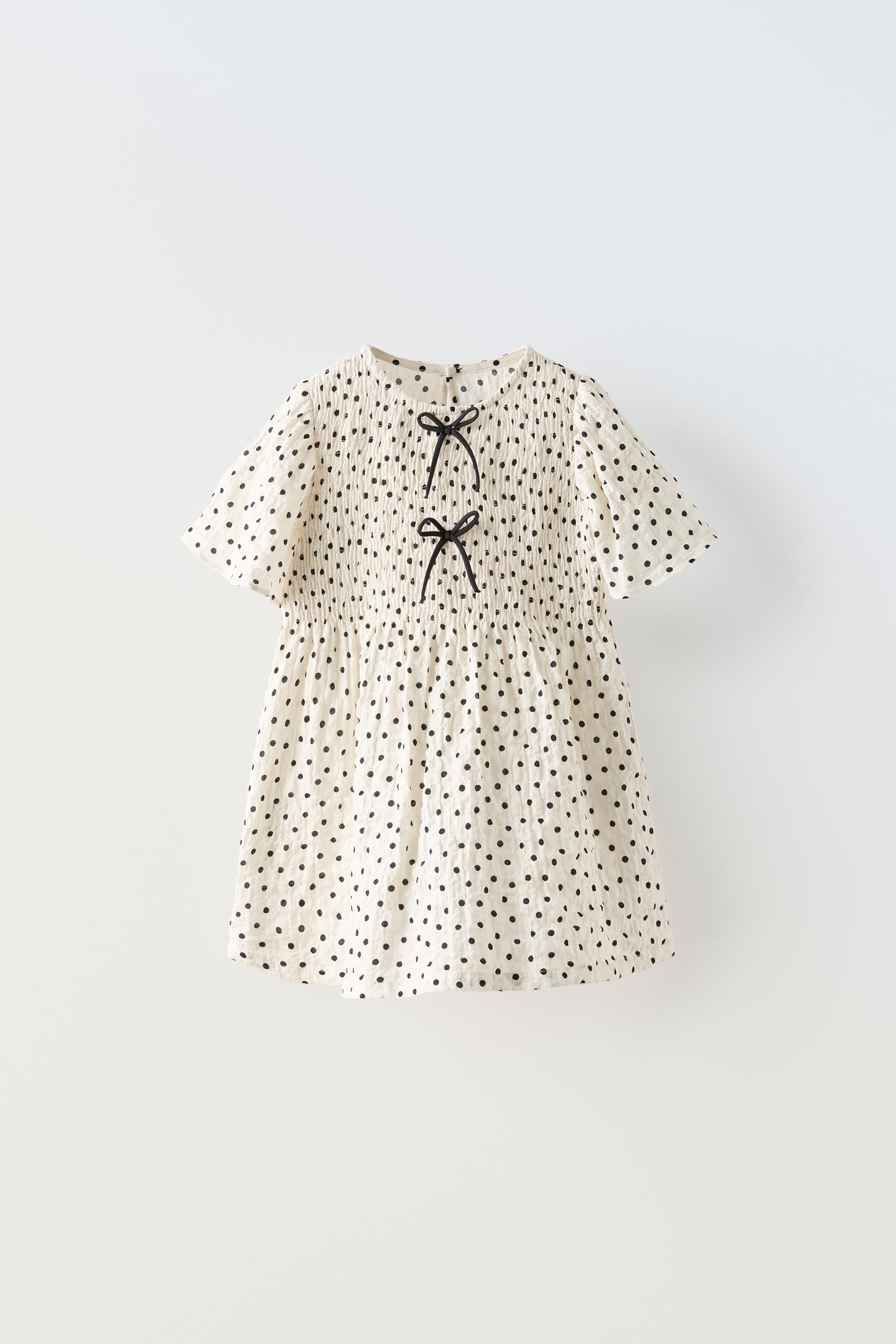 TEXTURED POLKA DOT DRESS WITH BOWS Ecru ZARA United Kingdom