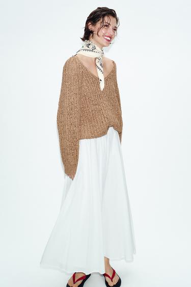 Zara PLETENI DŽEMPER SA UKRŠTENOM TRAKOM – boja svetle kamilje dlake