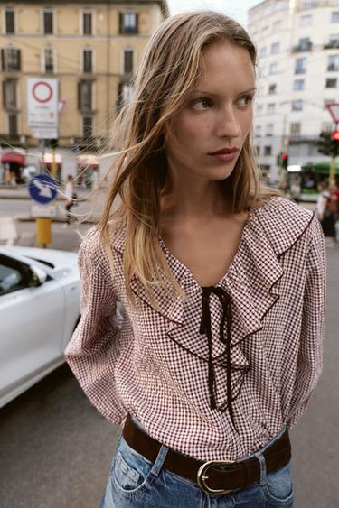 RUFFLED GINGHAM BLOUSE - bordeaux/ecru by Zara