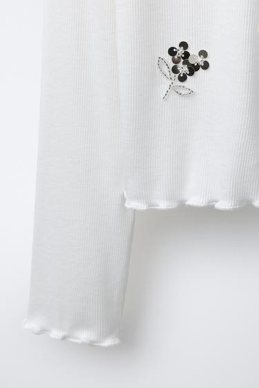 T-SHIRT CÔTELÉ À PAILLETTES - Blanc de Zara - Image 3