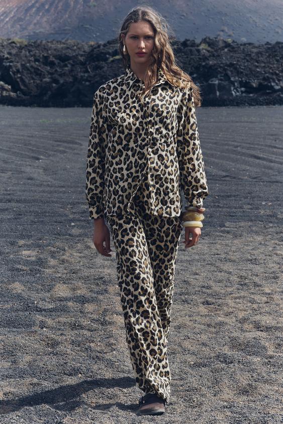 ZARA TRF XL Leopard Print Top Collared Button Down Slouchy Animal Shirt  Viscose