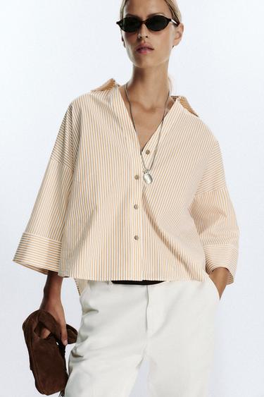 СМУГАСТА ПОПЛІНОВА СОРОЧКА З ШИРОКИМИ РУКАВАМИ - Принт Zara