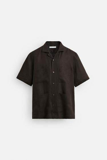 Zara 100% LINEN SHIRT WITH POCKETS - Chocolate