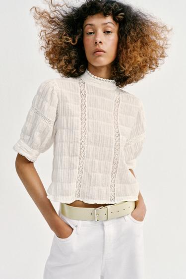 Zara BALLOON SLEEVE LACE TRIM SHIRT - White
