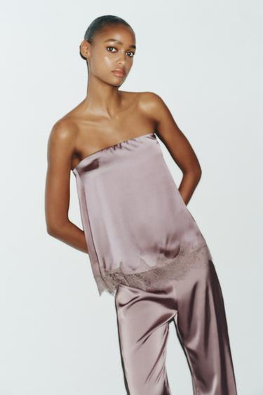 Zara SATIN EFFECT LACE TOP - Brown / Taupe