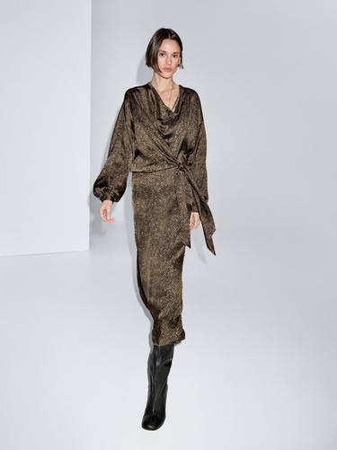 Zara Long flowing printed dress with knot detail - Brown / White