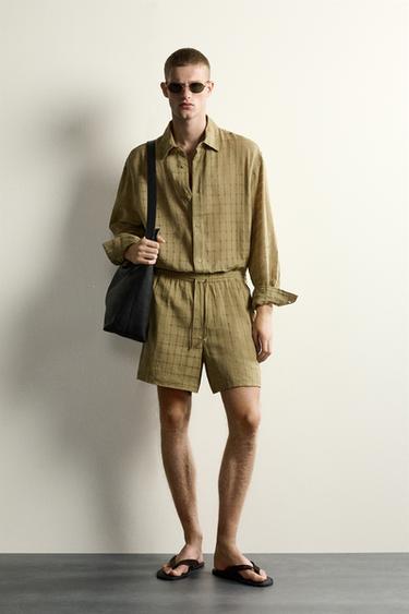 RELAXED FIT JACQUARD CHECKED LINEN/COTTON SHIRT - Light khaki by Zara
