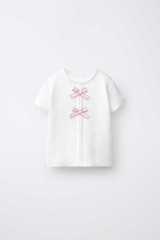 RIB T-SHIRT WITH BOWS - White de Zara - Imagen 0