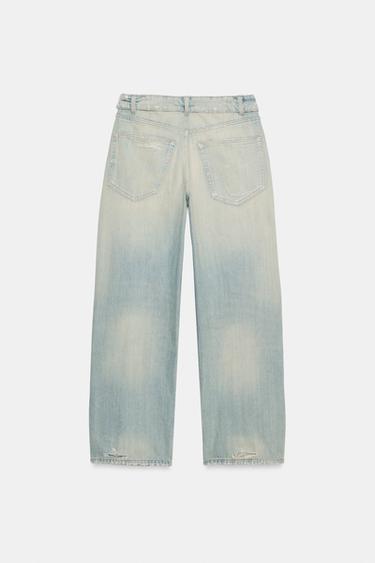 TRF ミッドライズ 折り返しウエスト クラッシュデニムパンツライトブルーZaraのTRF ミッドライズ 折り返しウエスト クラッシュデニムパンツ - ライトブルー 