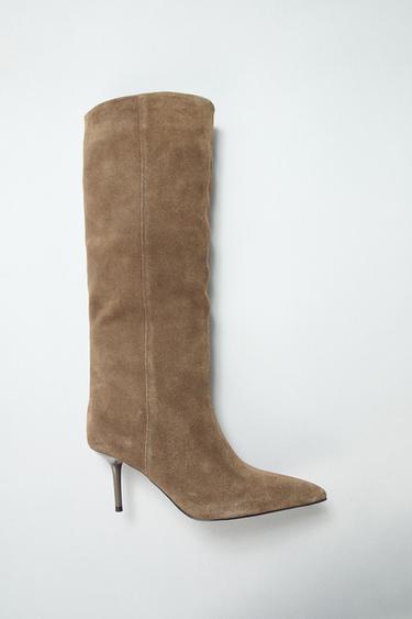 BOTTES À TALONS FINS EN CROÛTE DE CUIR - Gris taupe de Zara