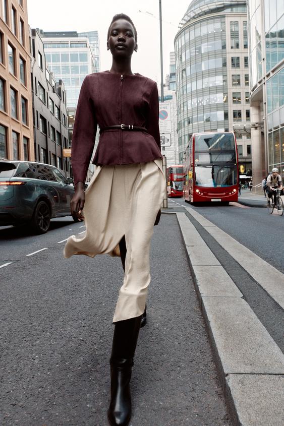 FAUX SUEDE PEPLUM BELTED JACKET