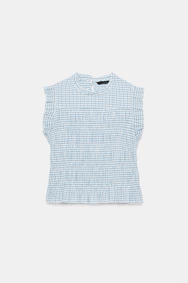 TOP MIT GESMOKTEM VICHYKARO - Cremefarben / Blau von Zara