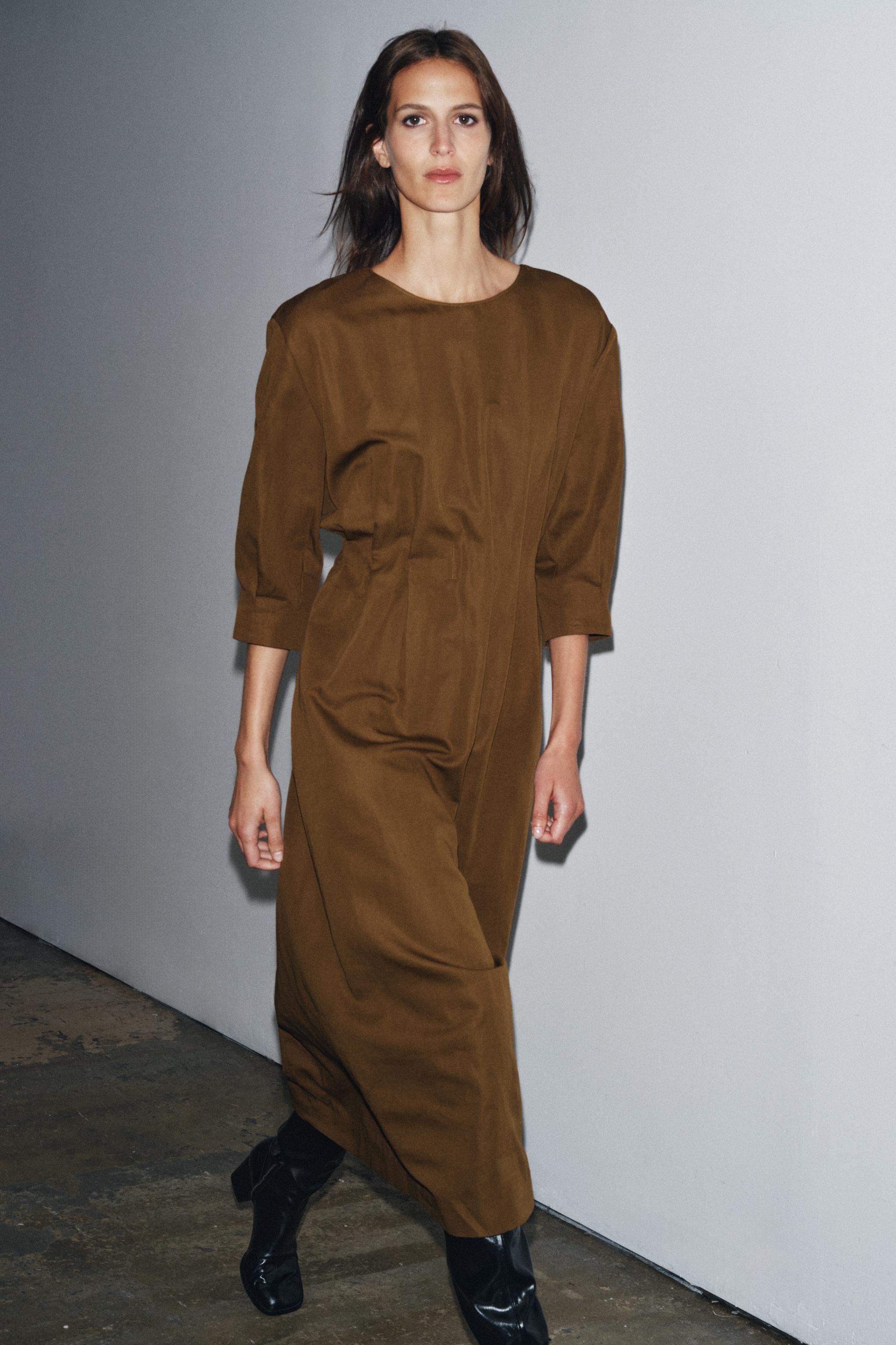 ZW COLLECTION プリーツ入りミディワンピース - オークル | ZARA