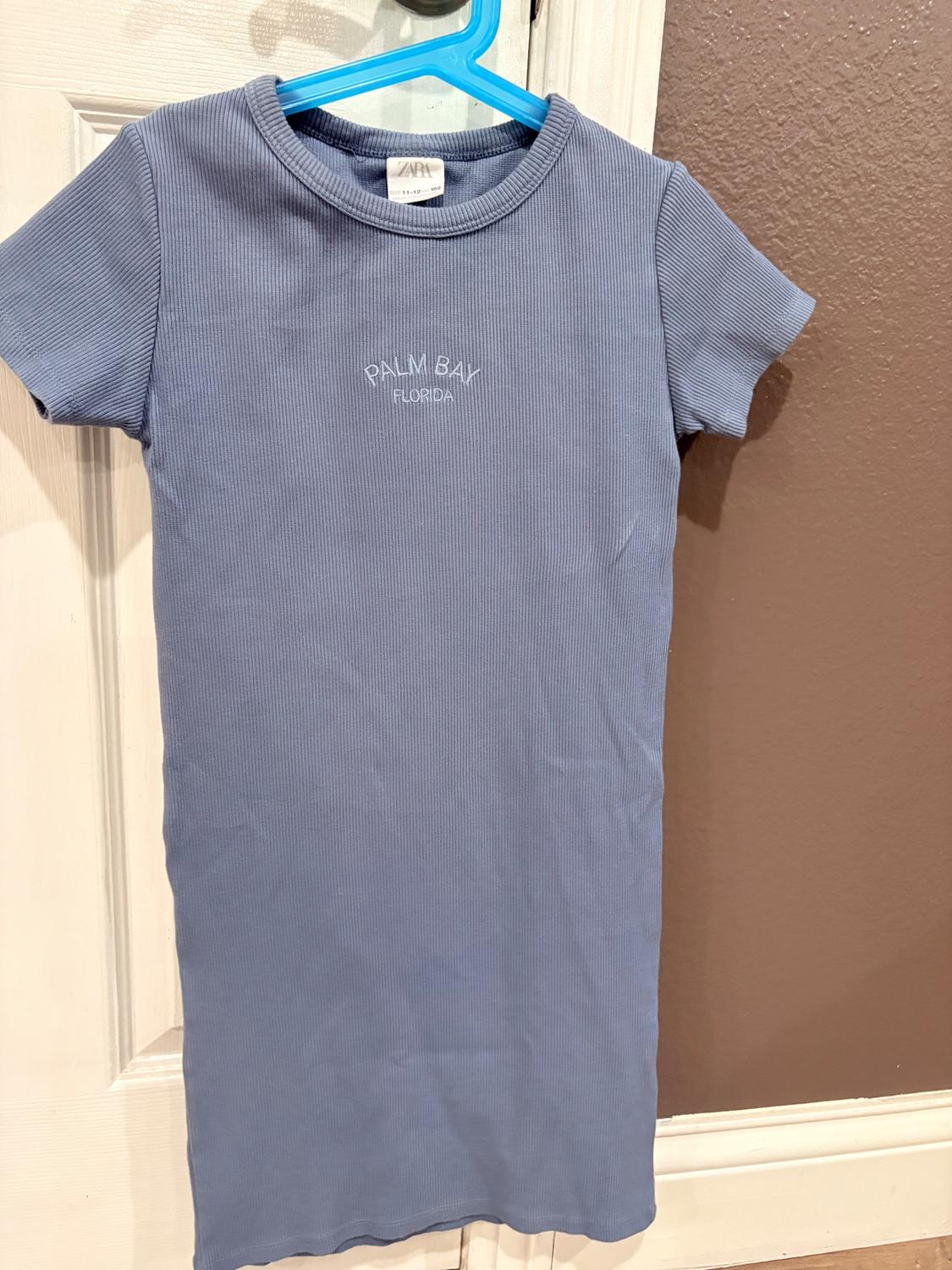 Blue short-sleeve dress hanging on a blue hanger. Text on the chest: "Palm Bay Florida." Brown wall background and white door.