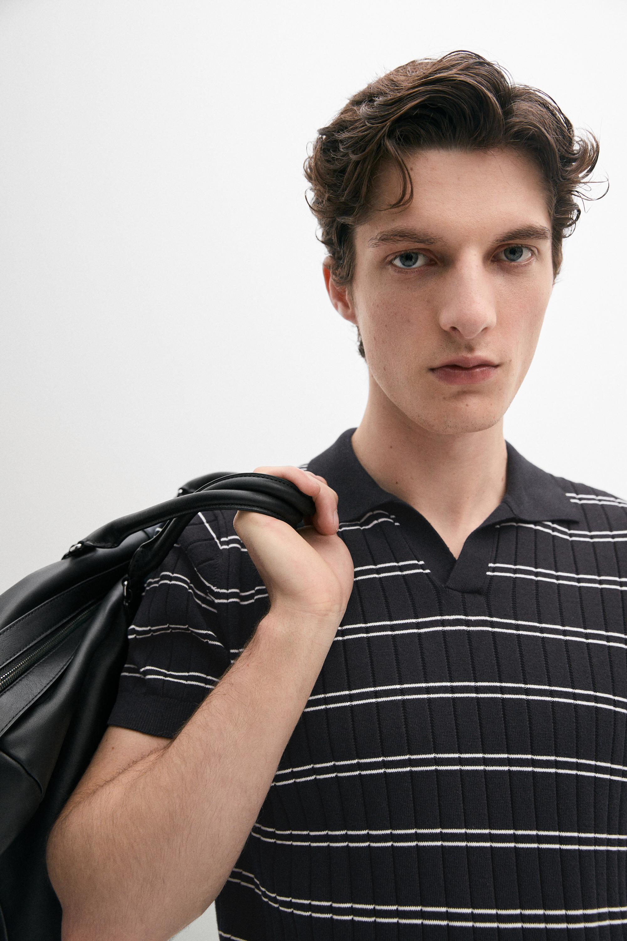 Striped cotton knit polo shirt